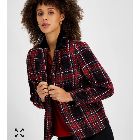 Kasper Plaid Tweed Blazer Jacket Sz 14 Women Red Black Velvet Collar Trim New - Picture 2 of 15
